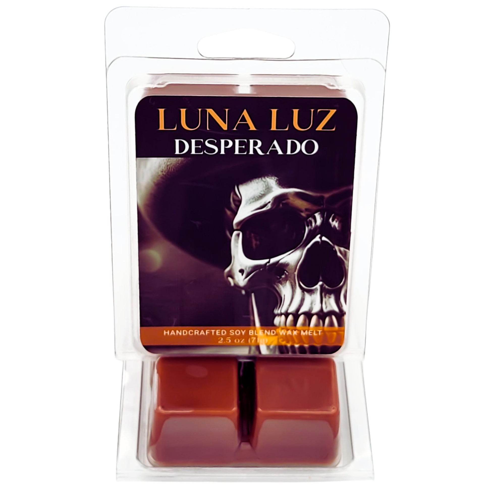 Luna Luz Desperado wax melts with image packaging of a metallic skull wearing a cowboy hat. Wax melt set on a white background.