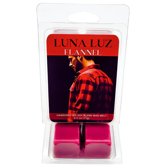 Luna Luz Flannel wax melt packaging with a red and black label on a white background