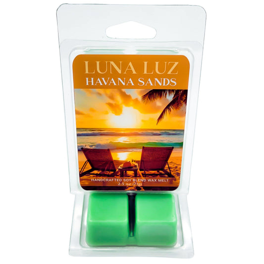 Luna Luz Havana Sands wax melt packaging with two chairs on the beach, a beautiful sunset image on a white background.
