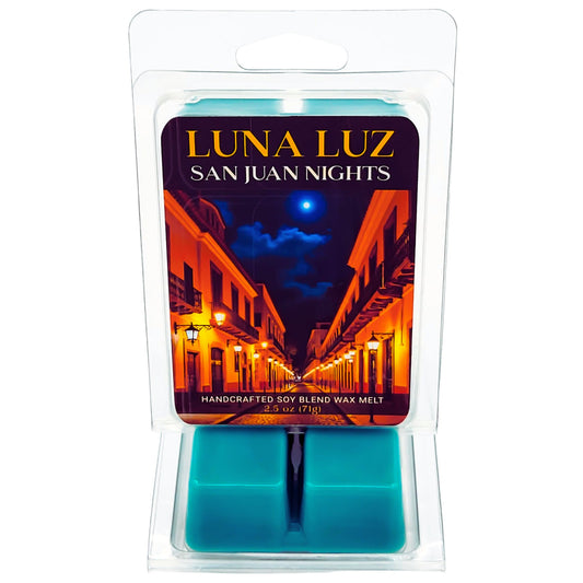 Luna Luz San Juan Nights wax melt packaging with a scenic design on a white background.