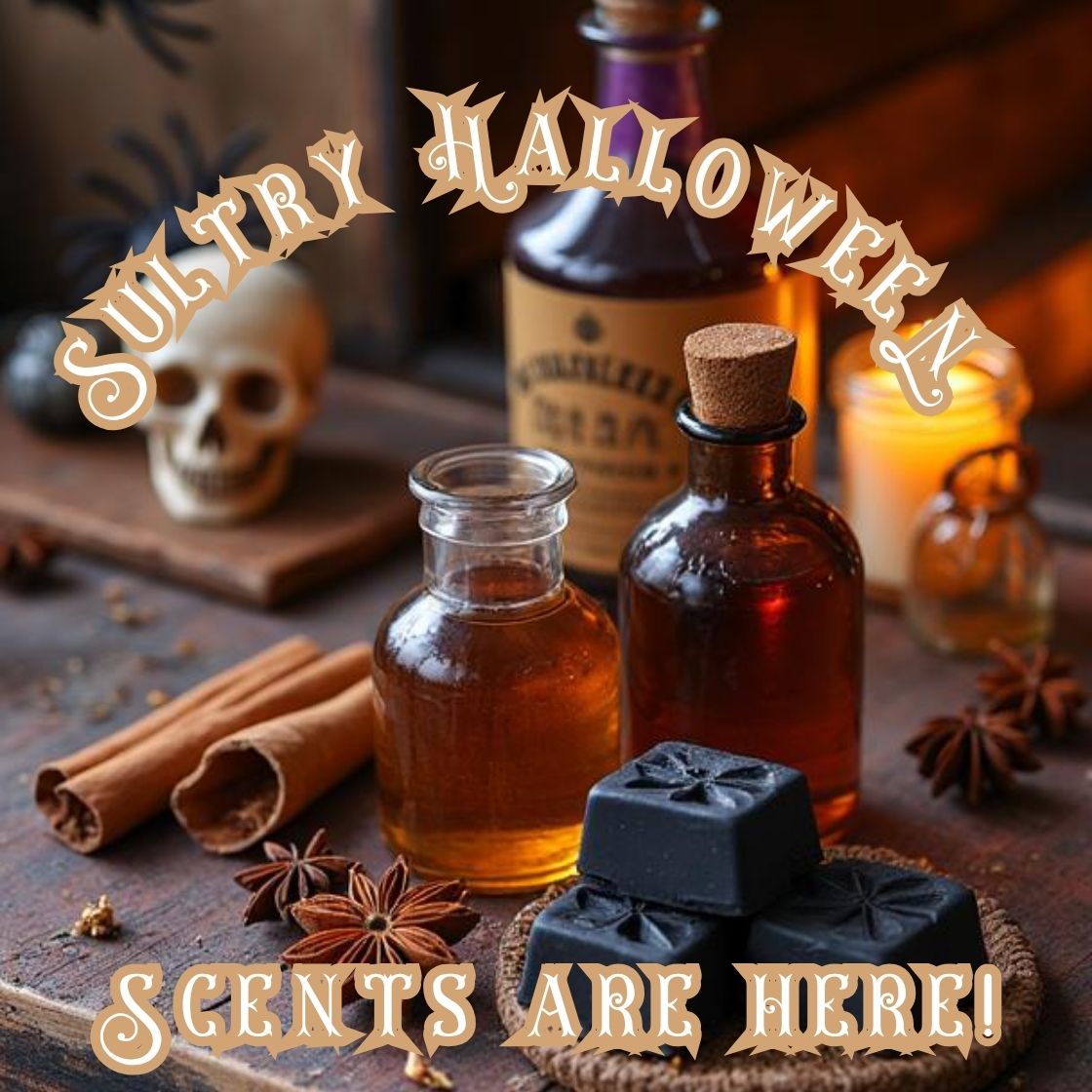 Bottles of concoctions on a wooden table surrounded by Halloween elements.