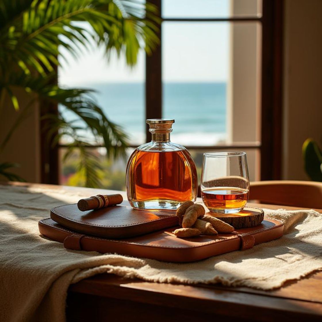 A bottle of brandy, glass of brandy and cigar. A window showing the oceanview.
