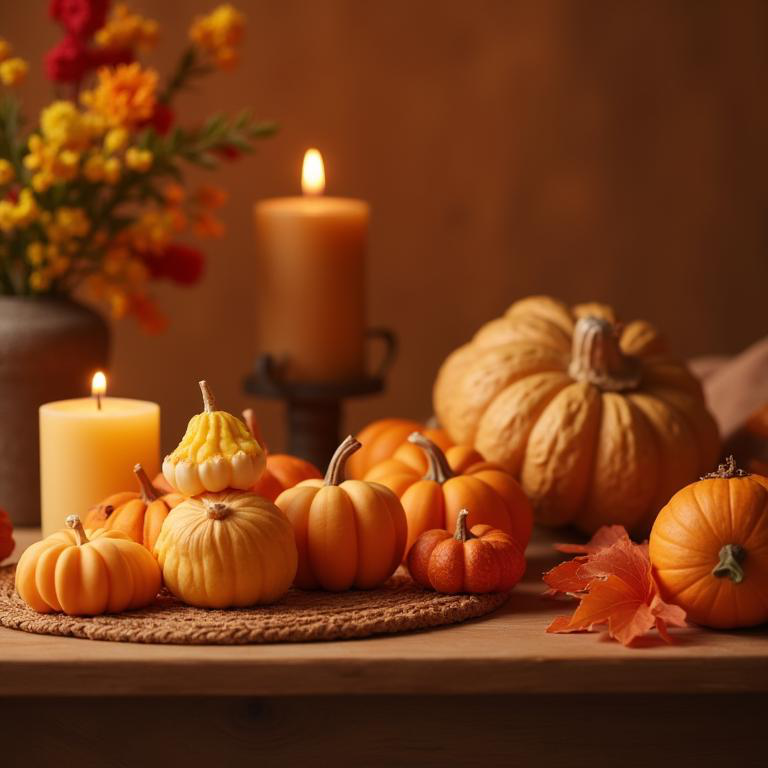 Pumpkins and candles on a Thanksgiving wooden table.