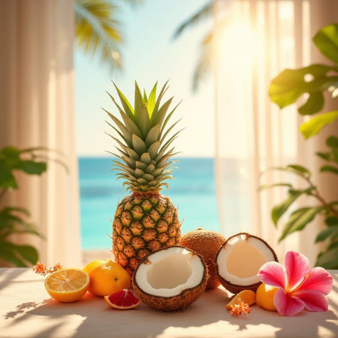 Tropical fruits on a table with a hibiscus flower and sheer open curtains with oceanview background.