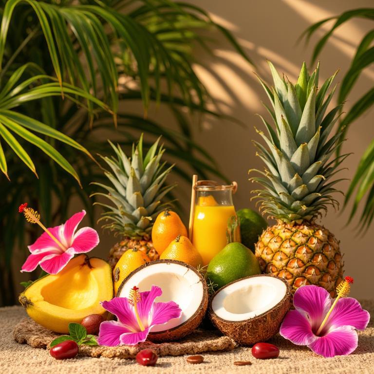 An assortment of tropical fruis on top of a table.