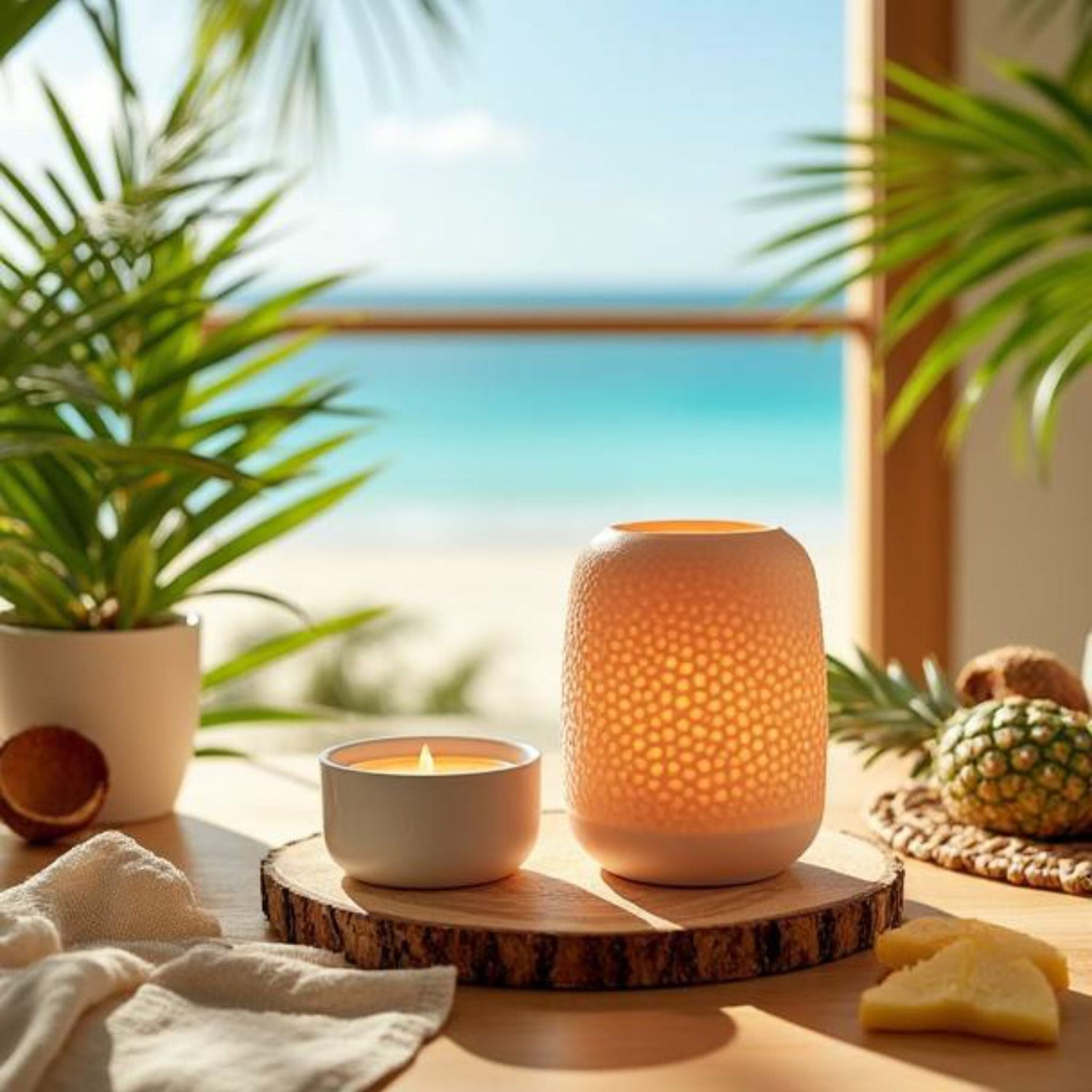 Wax warmer set on a tropical landscape with palm leaves nearby.
