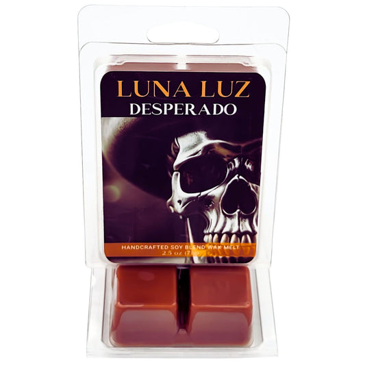 Luna Luz Desperado wax melts with image packaging of a metallic skull wearing a cowboy hat. Wax melt set on a white background.