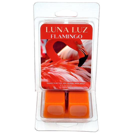 Luna Luz Flamingo wax melt packaging with a vibrant image of a flamingo. Wax melt set on a white background.
