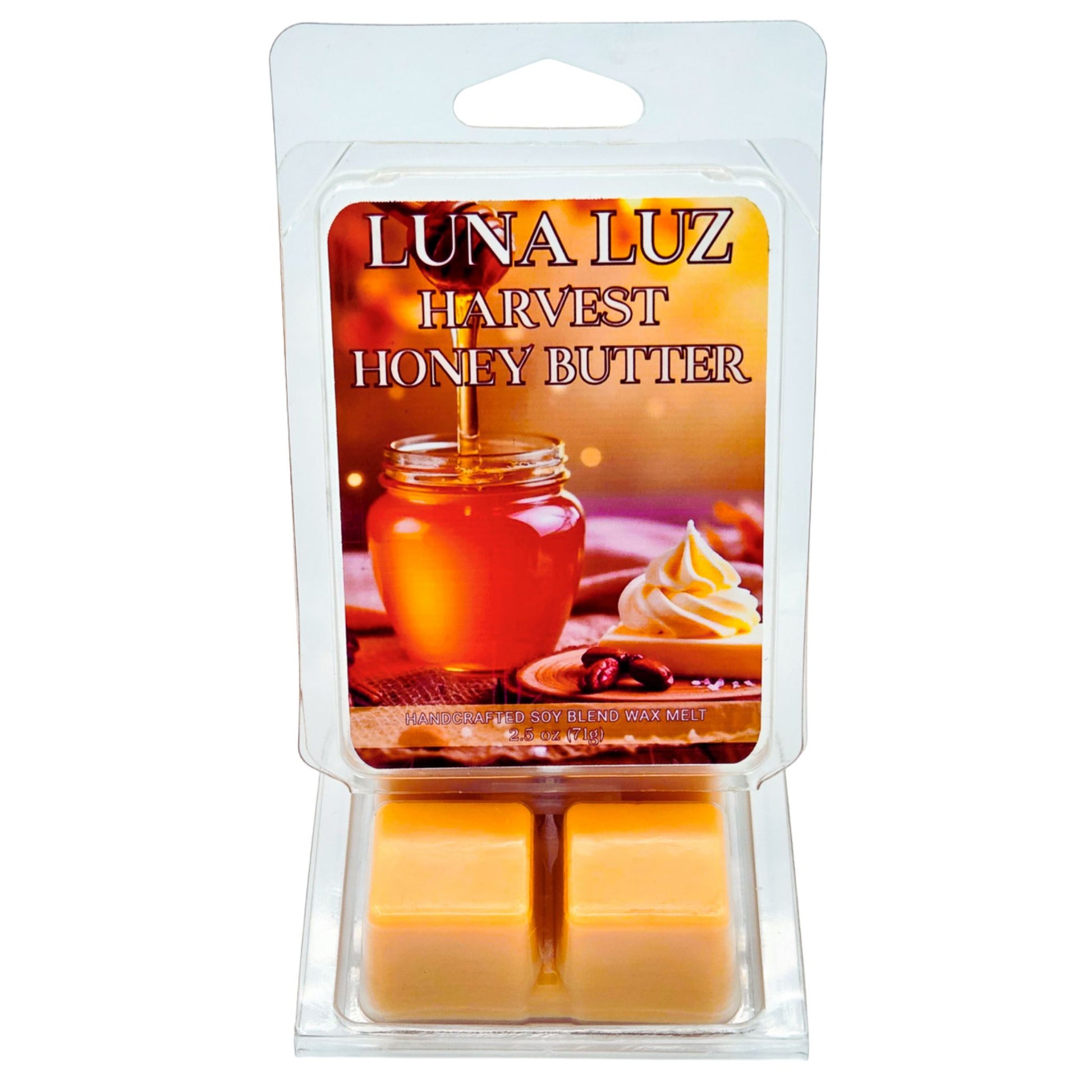 Packaged wax melts with 'Luna Luz Harvest Honey Butter' branding on a white background