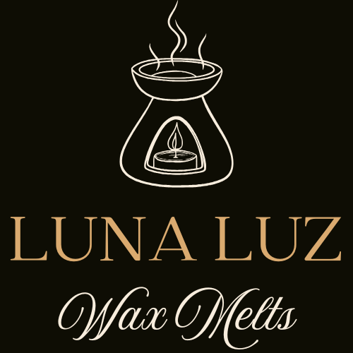 Logo of Luna Luz Wax Melts with a wax melt above the text on a black background

