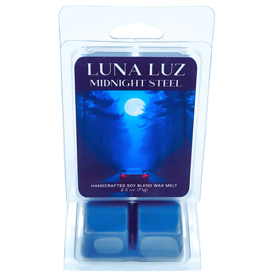 Luna Luz Midnight Steel wax melt packaging with a black car driving on moonlit night. Wax melt set on a white background.